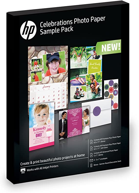 HP Photo Paper, Assortment (5x7, 8.5x11, envelopes) 12 sheets
