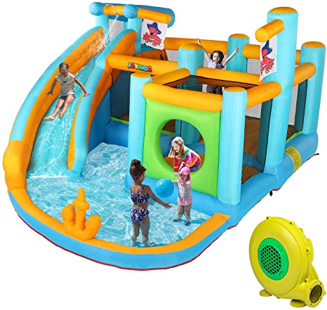 JOYMOR Inflatable Water Slide Park, Pirate Themed Bounce House w/ Obstacle Course, Water Cannon, Splash Pool, Water Slide Bouncer Castle Outdoor Backyard Playhouse for Kids (Included Blower)