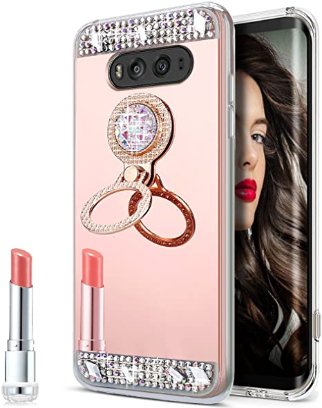 LG V20 Case,LG V20 Mirror Case, Slim Luxury Hybrid Rhinestone Diamond Glitter Bling Mirror Back Shock-Absorption TPU Bumper Protective Case with Ring Stand Holder for LG V20,Rose Gold