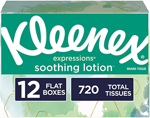 Kleenex Expressions Soothing Lotion Facial Tissues, 12 Flat Boxes, 60 Tissues per Box (720 Tissues Total), Coconut Oil, Aloe and Vitamin E