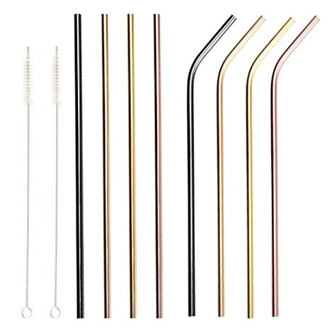 Stainless Steel Drinking Straws MIXIAO Reusable Metal Drinking Straws 8.5 inch Set of 8 (4 Straight 4 Bent) with 2 Free Cleaning Brush Included (Multicolor, 8.5 inches)