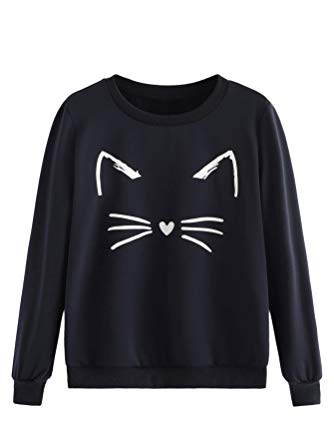 Romwe Women's Cat Print Sweatshirt Long Sleeve Loose Pullover Shirt