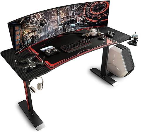 Sleepmax 63 Inch Gaming Desk, Heavy-Duty Gaming Computer Table with Carbon Fiber Surface & Large Mouse Pad, Black PC Desk Gamer Setup with Cup Holder, Headphone Hook & Adapter Organizer
