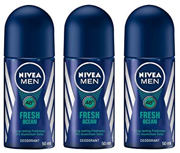 (Pack of 3 Bottles) Nivea FRESH OCEAN Men's Roll On Deodorant (Pack of 3 Bottles, 1.7oz / 50ml Each Bottle) 0% Aluminium Salts