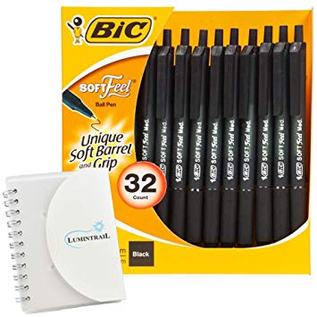BIC Soft Feel Retractable Ballpoint Pen, Medium Point, 32-Count with a Lumintrail Memo Pad (60 Pages)
