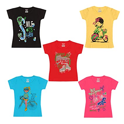 Kiddeo Girls' Regular Fit T-Shirt (Pack of 5)