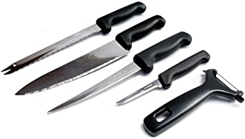 Knife Set - 5 Piece Stainless Steel Kitchen Starter Knife Set - Chef Knife, Bread Knife, Filet Knife and Paring Knife, with Free Bonus Swivel Peeler