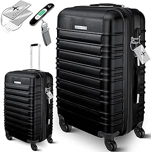 KESSER® Reisekoffer Mittlerer Hartschalen-Koffer Inkl. Kofferwaage   Gepäckanhänger Trolley Gepäck Rollkoffer Zahlenschloss 4 Rollen ABS-Hartschale Teleskopgriff (66x45x28cm / 84 Liter Schwarz)