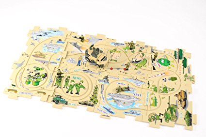 Puzzle Track Play Set - Battery-Operated Toy Vehicle & Floor Puzzle Play Mat - 16 Pc Sets - Military Themed Vehicle - Interchangeable Tracks - Create Up To 50 Combinations - by Ideas In Life