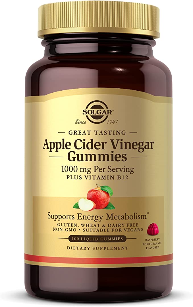 Solgar Apple Cider Vinegar 1000 mg Gummies, Great-Tasting Apple Raspberry Pomegranate Flavor, No Vinegar Taste, Plus Vitamin B12, Supports Energy Metabolism, Non-GMO & Vegan, 100 Count