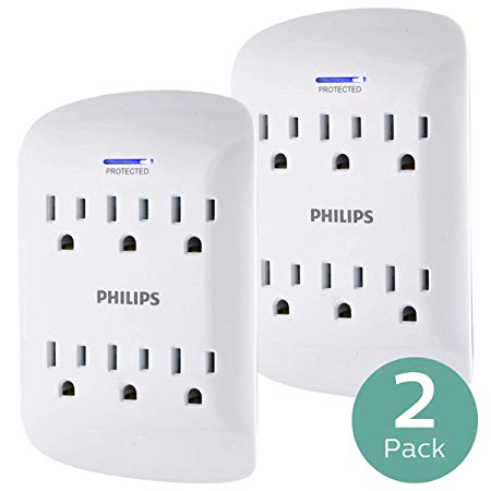 Philips 6-Outlet Surge Protector Tap, 2 Pack, 900 Joules, Space Saving Design, Protection Indicator LED Light, White, SPP3466WA/37