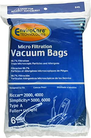 Riccar 2000, 4000 and Simplicity 5000, 6000 Type A Vacuum Bags Microfiltration with Closure - 6 Pack