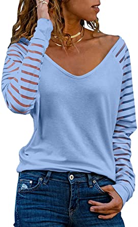 Asvivid Womens Casual V Neck Long Sleeve Shirts Striped Sheer Patchwork Blouses Basic Loose Tops