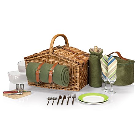 Picnic Time Somerset English-Style Double Lid Willow Picnic Basket with Service for 2