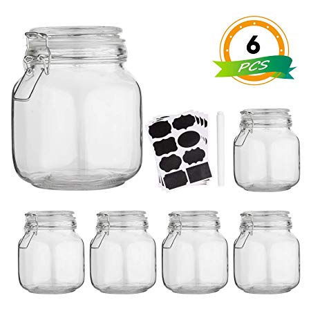 Glass Kitchen Storage Canister Mason Jars with Lids,32oz Airtight Glass Canister with Hinged Lid，Perfect for Kitchen Canning Cereal,Pasta,Sugar,Beans (Labels & Chalk Marker)-Set of 6