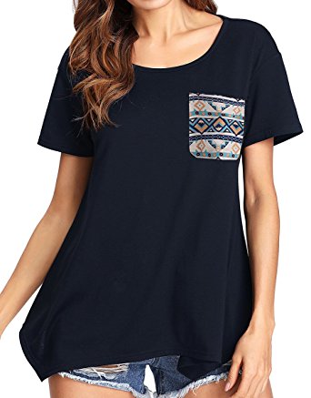 Romwe Women's Casual Short Sleeve Pocket Tee Shirt Loose Tunic Top