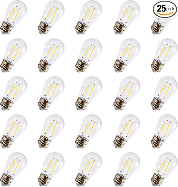 S14 Colored String Light Bulbs, Rolay 2W Plastic LED Replacement Bulbs for Outdoor Patio String Lights with E26 Base, Pack of 25 (LED-Clear)