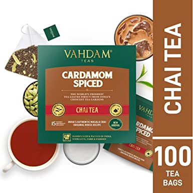 VAHDAM, Cardamom Masala Chai, 100 Count | 100% NATURAL CRUSHED CARDAMOM blended with Garden Fresh BLACK TEA | Cardamom Tea | Masala Chai Tea Bags 100 Count | Brews Chai Tea Latte