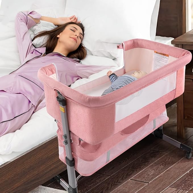 Ihoming Baby Bassinet Bedside Sleeper, Baby Bed Side Crib with Storage Basket, Easy Folding Bassinets, Adjustable Baby Bed for Infant Newborn, Deep Pink