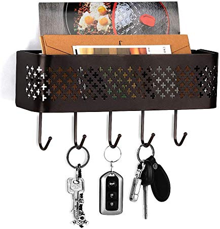 Nandae Key Holder Mail Organizer Wall Mounted Metal Entryway Storage Basket Letter Sorter Key Rack with 5 Hooks for Home, Office, Mudroom, Kitchen, Brown