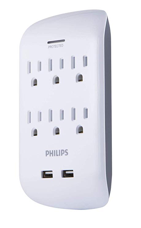 PHILIPS Surge Protector USB Charging, 6 Outlet, 2 USB Ports, Wall Mount, 900 Joules, 2.1AMP, 10 Watt, Charges Smartphones, White, SPP6263WB/37