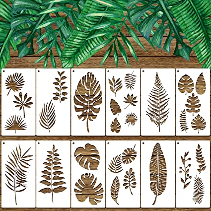 12 Pieces Tropical Leaf Stencils, Fern Leaf Monstera Palm Leaf Turtle Leaf Wall Stencil Template Botanical Leaves Reusable Stencils Set for Furniture Canvas Wood Plank Crafts DIY (4 x 8 Inches)