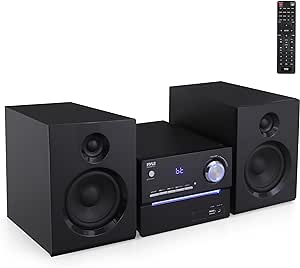 Pyle CD/DVD P.M.P.O Stereo System, 3-pc Wireless BT Streaming 6 Ohm Two-Way Wooden Speaker Box and Subwoofer, Digital Amplifier IC with MP3, USB, FM Radio, Bass Reflex Speaker