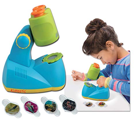 Kidtastic Microscope Science Kit for Kids – Fun Learning Toys for Preschoolers – STEM Toy for 3 Year olds – with 12 Slides Animals & Nature, 8X Zoom, LED Light – for Ages 3, 4, 5, 6 and up