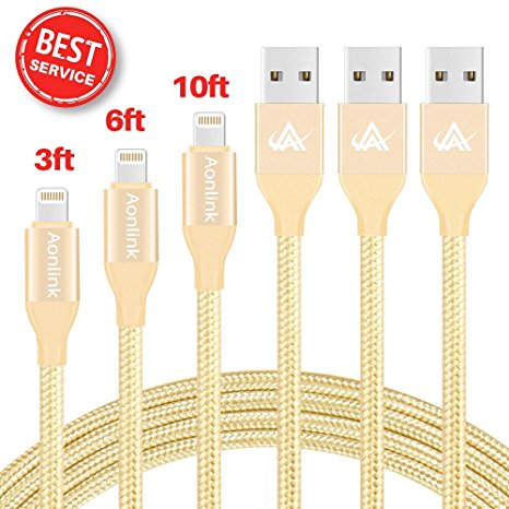 iPhone Charger, Aonlink iPhone Charger Cable Cord Lightning to USB Nylon Braided with Aluminum Connector 3Pack 3FT 6FT 10FT for iPhone 7/7 Plus/6s/6s Plus/6/6Plus/5s/5c/5, iPad/iPod Models-Gold