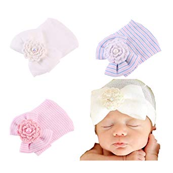 Ever Fairy 3 Pcs Newborn Hospital Hat Infant Baby Hat Cap with Big Bow Soft Cute Knot Nursery Beanie (White,Blue,Pink)