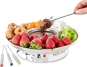 Nostalgia 10-Ounce Deluxe Stainless Steel Electric Fondue Party Set for Melted Chocolate, Cheese, or Sauce, with Detachable Food Tray, Variable Temperature Control and 4 Color Coded Dipping Forks