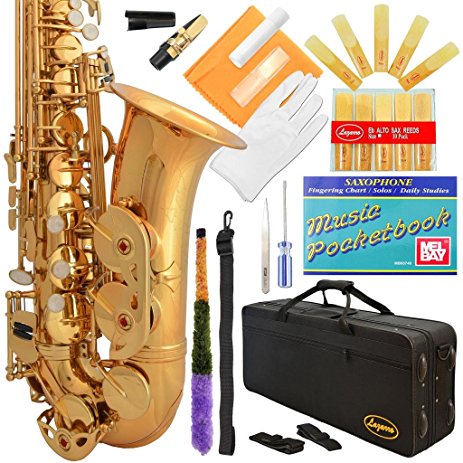 Lazarro 360-LQ E-Flat Eb Alto Saxophone Gold Lacquer with Case, 11 Reeds, Care Kit and Many Extras