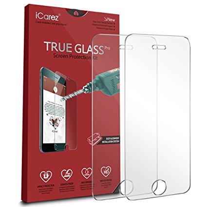iCarez [Tempered Glass] Screen Protector for iPhone SE / 5S Easy Install [ 2-Pack 0.33MM 9H 2.5D] with Lifetime Replacement Warranty - Retail Packaging