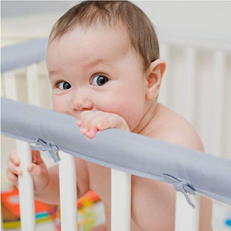 EXQ Home 3-Piece Baby Crib Rail Cover Set for 1 Front Rail and 2 Side Rails,Safe Kids Padded Crib Rail Protector from Chewing for Standard Cribs,Soft Batting Inner for Baby Teething Guard(Grey)