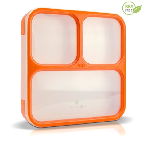 MunchBox Bento Lunch Box - Sleek Edition (Orange) Ultra-Slim Tray Style Leakproof 3-Compartment with Air Tight Seal - Prevents Contents from Mixing and Spilling - Microwavable - Dishwasher Friendly - For Kids & Adults.