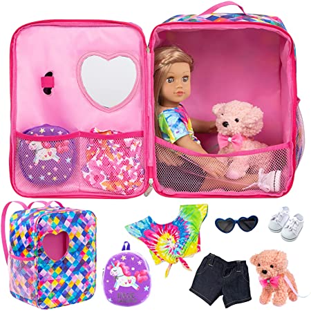 Ecore Fun 5 Items American 18 inch Dolls Bag Set and Accessories Including 18 Inch Doll Clothes, Shoes, Sunglasses, Doll Backpack and Toy Dog