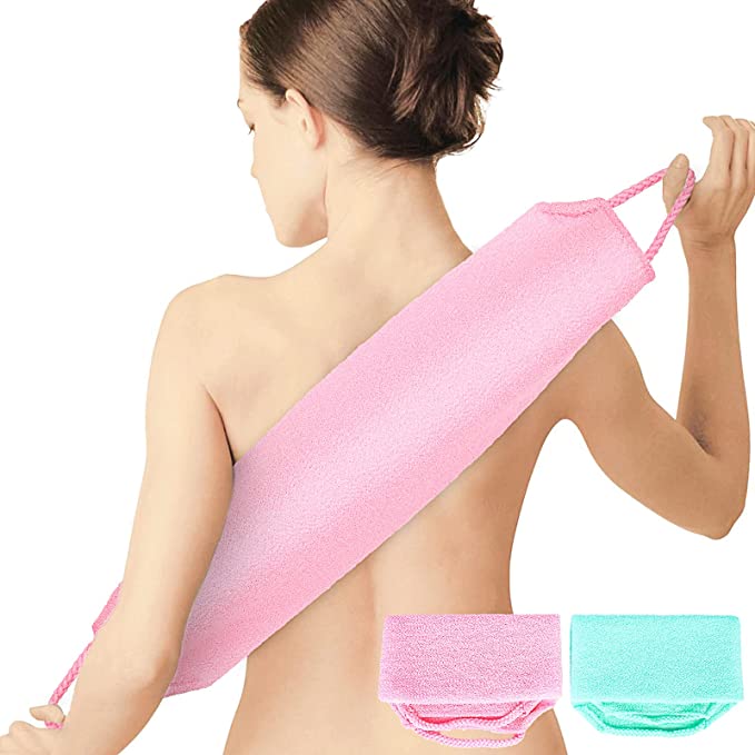 Back Scrubber for Shower，WOVTE 2 Pack Stretchable Nylon Exfoliating Body Scrubber Washcloth Towel Deep Cleans Skin Massages Blood Circulation Back Washer for Shower Men Women