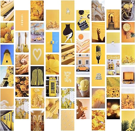 BEISHIDA Room Decor Aesthetic,Bright Yellow Pastel Wall Collage Kit Aesthetic Poster Aesthetic Wall Decor for Bedroom Yellow Theme Pictures Bedroom Decor for Teen Girls Aesthetic Collage Kit 50pcs