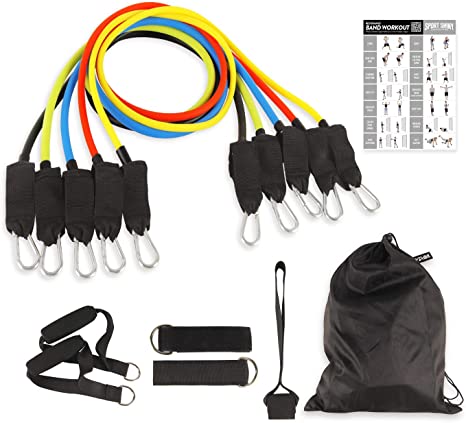 Sport Shiny Gymbasic Resistance Bands Set with Door Anchor, Ankle Strap, Exercise Chart, and Carrying Case