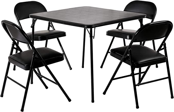 VECELO Portable Folding Card Table Square and Chair Sets with Collapsible Legs & Vinyl Upholstery (5 PCS), Metal, Black