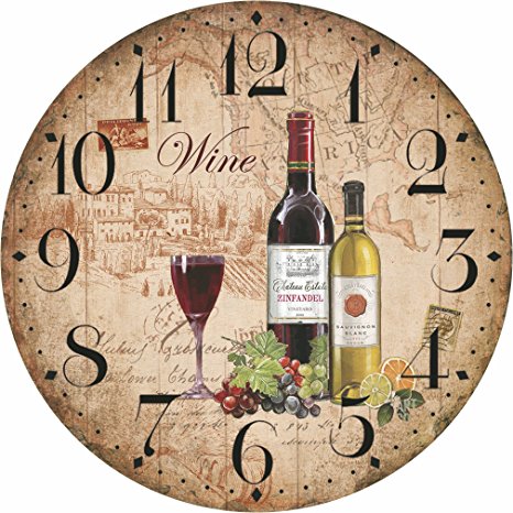 12" Retro Vintage Wine Pattern France Style Non-Ticking Silent Wooden Wall Clock Art Decoration.
