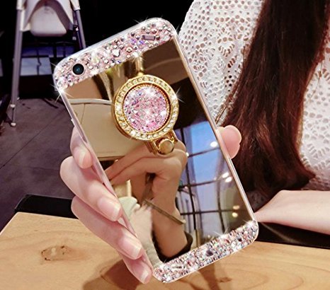 iPhone 6 Plus Case,Inspirationc Crystal Rhinestone Mirror Glass Case Bling Diamond Soft Rubber Makeup Case for iPhone 6 Plus/6S Plus 5.5 Inch with Detachable 360 Degree Ring Stand--Gold