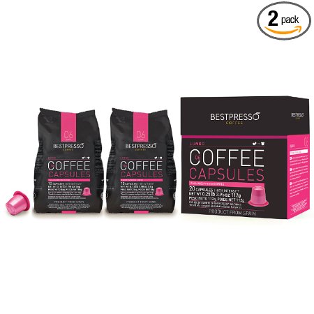 40 Bestpresso Nespresso Compatible Gourmet Coffee Capsules - Nespresso Pods Alternative Lungo Blend Natural Espresso Flavor High Intensity - Certified Genuine Espresso