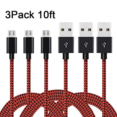 AOFU Micro USB Cable,3 Pack 10FT Long Nylon Braided High Speed 2.0 USB to Micro-USB Charging Cables Android Fast Charger Cord for Samsung Galaxy S7 Edge/S6/S4, Note 5/4/3,(Black Red)