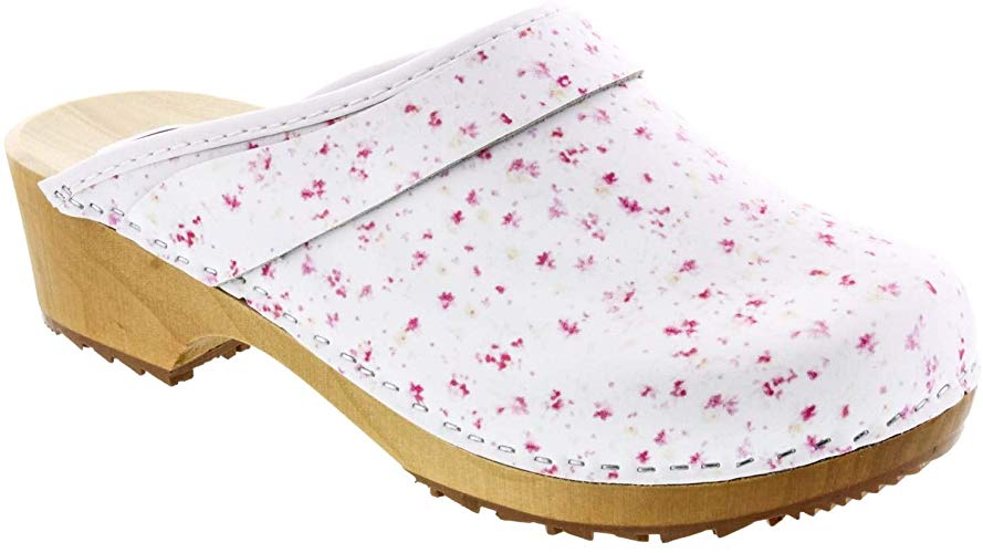 Bjork Lilly Wood Open Back Flower Print Leather Clogs