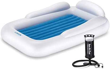 Lunvon Kids Inflatable Toddler Travel Bed with Safety Bumpers, Portable Air Mattress for Kids, Blow up Mattress with Sides , High Speed Pump and Travel Bag Included, Two Year Warranty