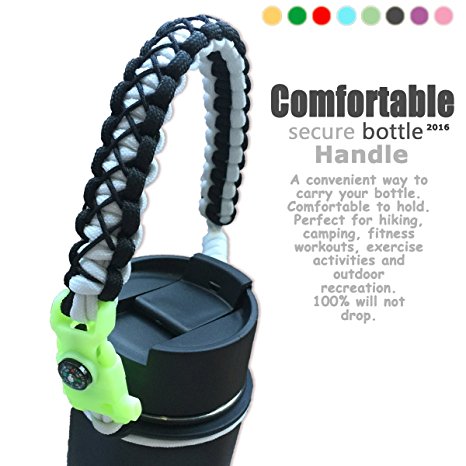 QeeLink Handle for Hydro Flask - Security Design - Wide Mouth Water Bottles Carrier - Includes Paracord Survival Strap with Compass Fire Starter Whistle