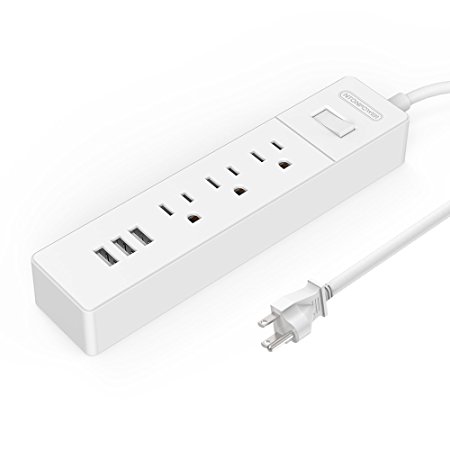 Portable Surge Protector 3 Outlets 3 USB Ports with 5ft Power Cord Power Saving for Computer Desk Under Counter - White