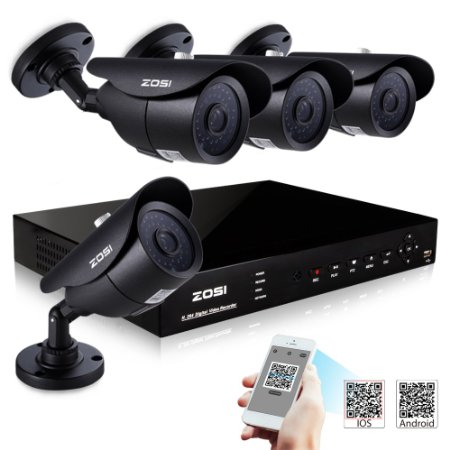 ZOSI 720P (1280TVL) 8CH Video Security System w/ 4pcs 1.0 Megapixel (1280*720) IP67 Weatherproof Bullet Metal Housing Cameras,3.6mm lens, 120ft Night Vision,Smartphone Remote view,NO HDD (Black)