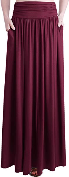 TRENDY UNITED Women's Rayon Spandex High Waist Shirring Maxi Skirt with Pockets